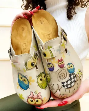 Cream Color and Colorful Owl and Cute Elephant Patterned Clogs - CAL315
