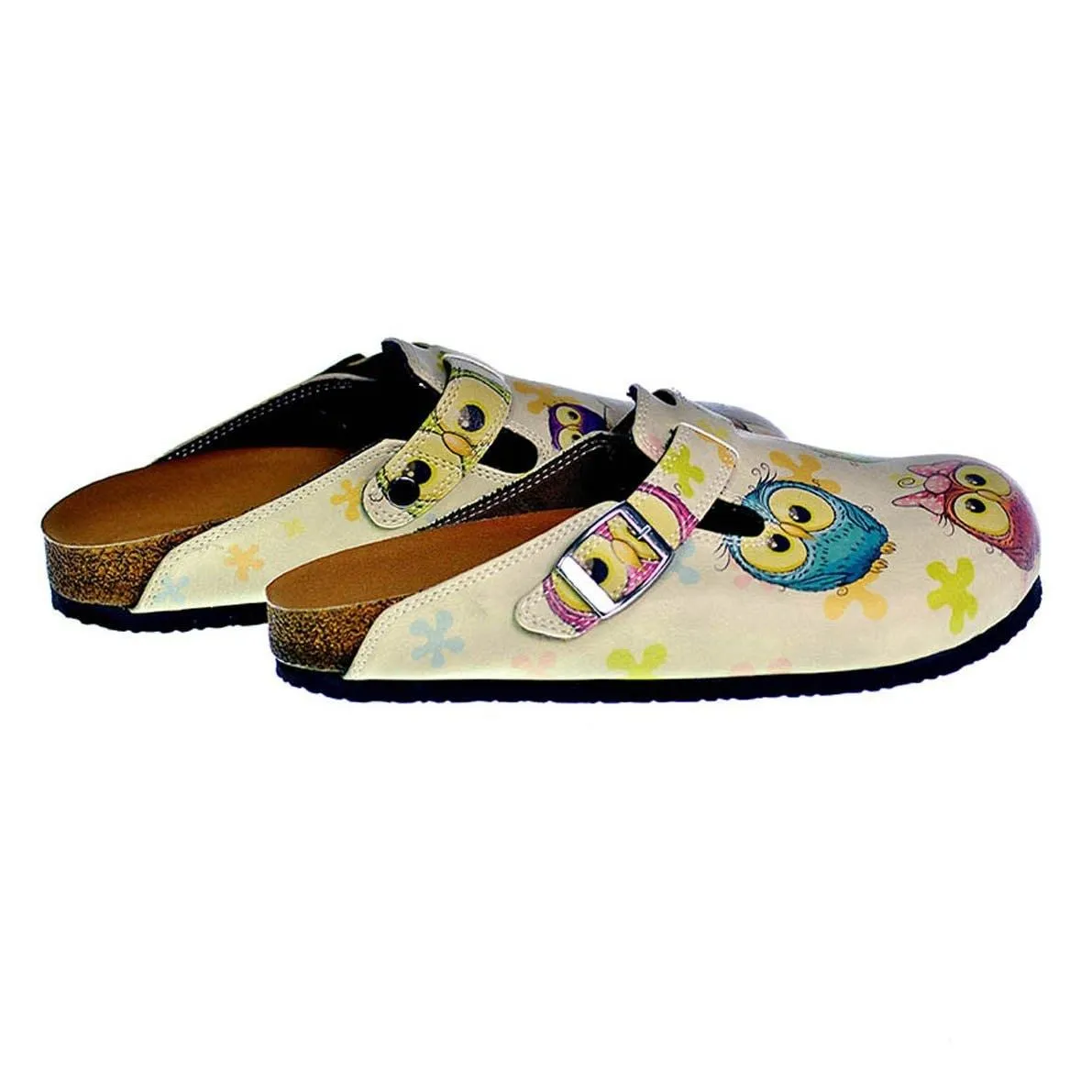 Cream Color and Colorful Owl and Cute Elephant Patterned Clogs - CAL315