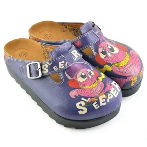 Dark Blue, Purple Owl, Sleeper Patterned Clogs - CAL702