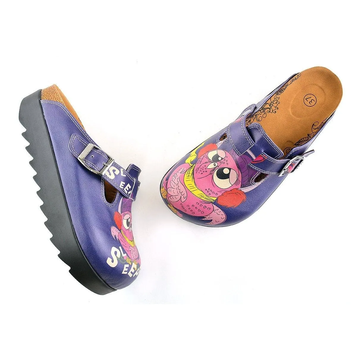 Dark Blue, Purple Owl, Sleeper Patterned Clogs - CAL702