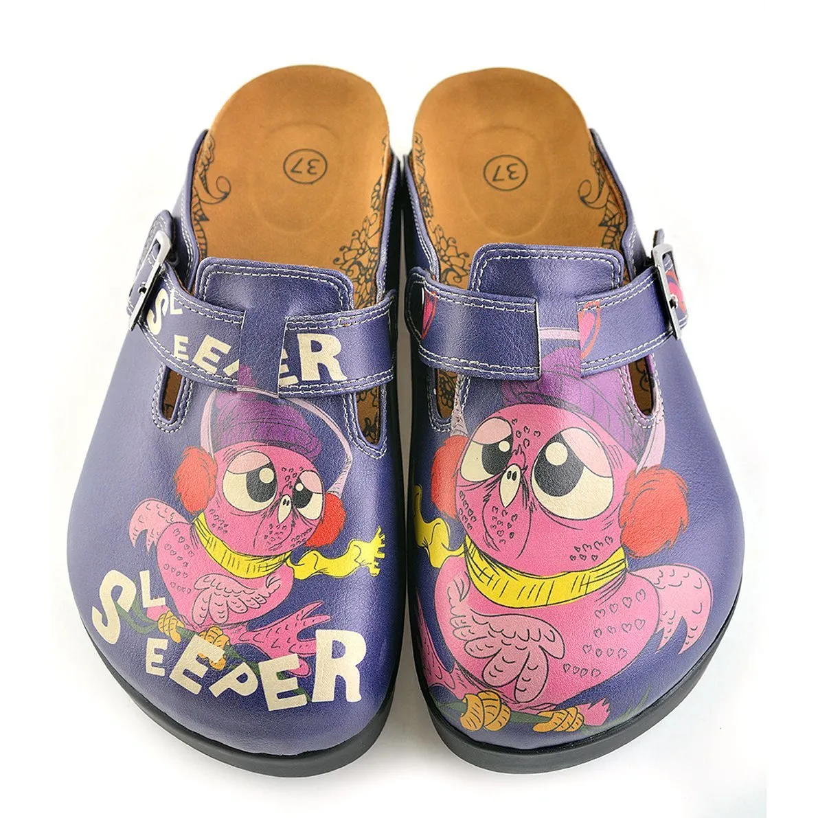 Dark Blue, Purple Owl, Sleeper Patterned Clogs - CAL702