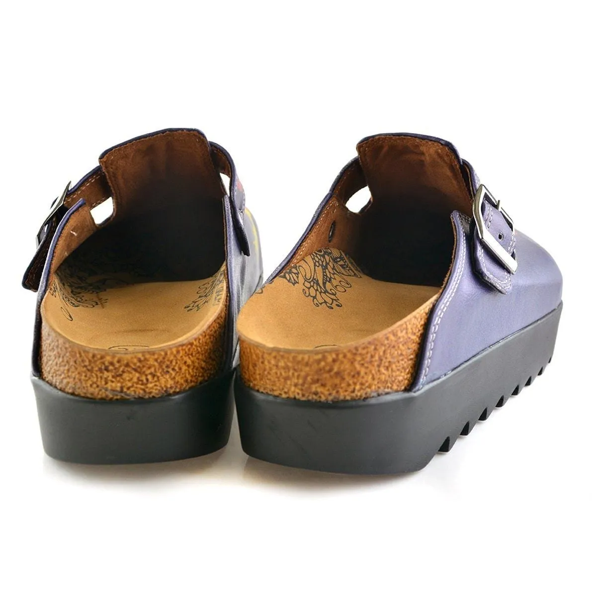 Dark Blue, Purple Owl, Sleeper Patterned Clogs - CAL702
