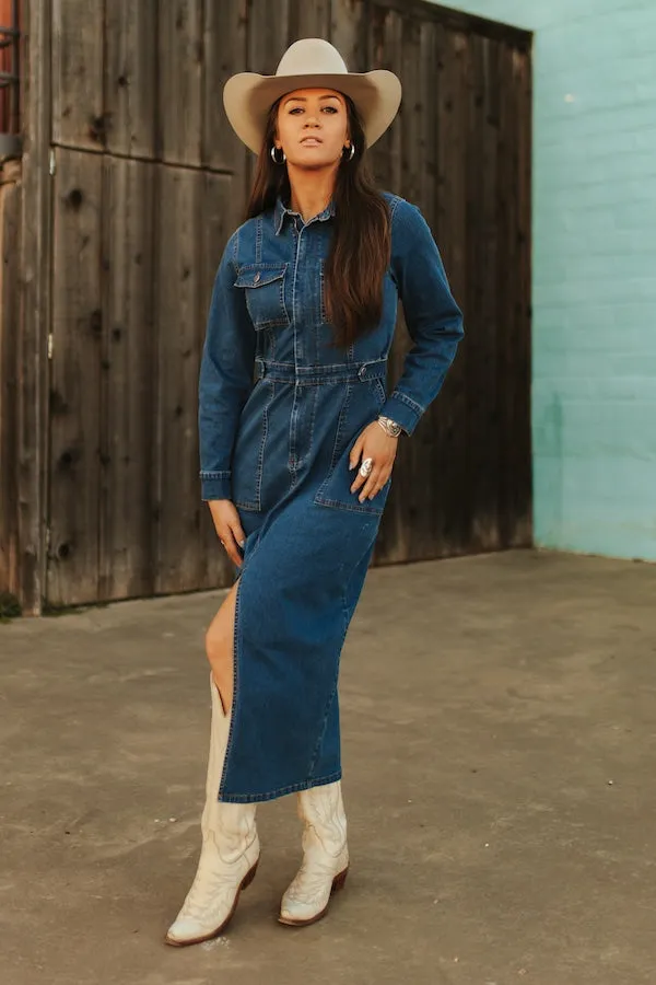 Denim Maxi Dress w/ Front Slit & Pockets
