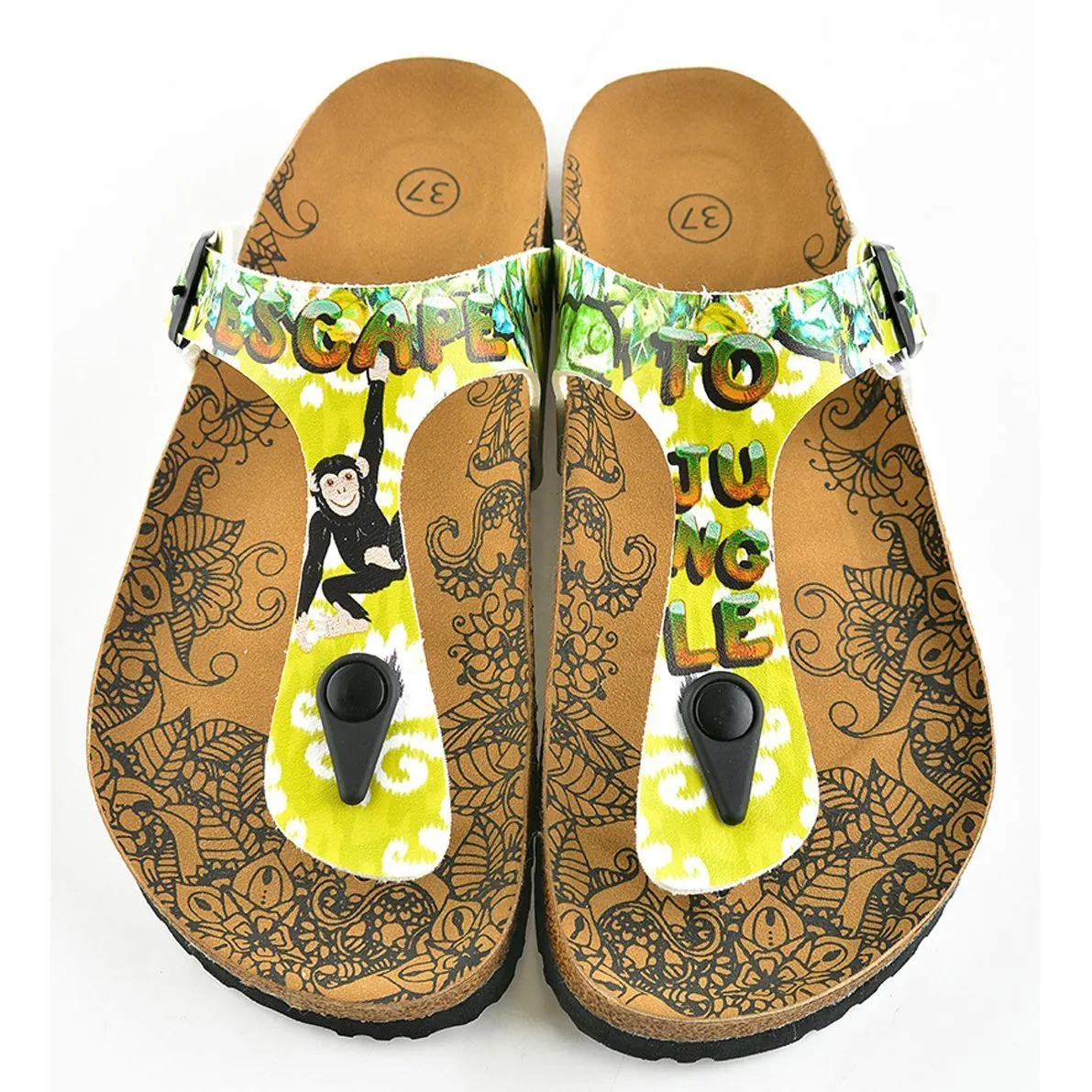 Escape to Jungle Written, Green Colored Black Monkey Patterned Sandal - CAL508
