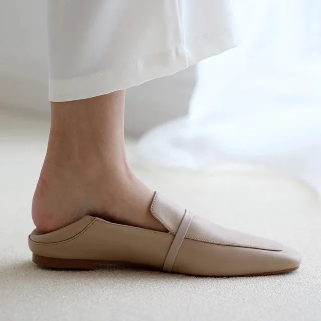 Full leather square toe deep mouth single shoe cowhide British retro simple flat shoes loafers soft heels two pairs of shoes