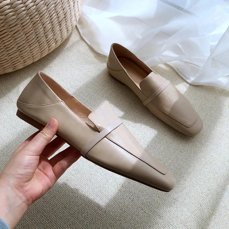 Full leather square toe deep mouth single shoe cowhide British retro simple flat shoes loafers soft heels two pairs of shoes