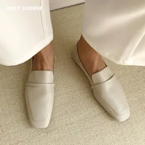 Full leather square toe deep mouth single shoe cowhide British retro simple flat shoes loafers soft heels two pairs of shoes
