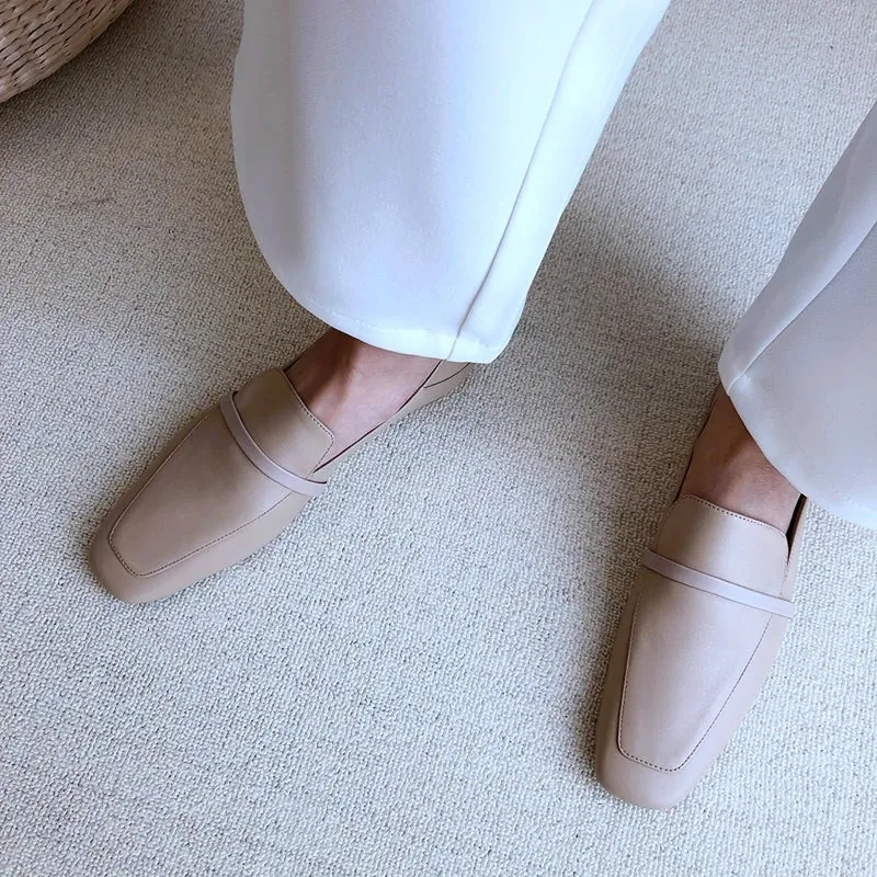 Full leather square toe deep mouth single shoe cowhide British retro simple flat shoes loafers soft heels two pairs of shoes