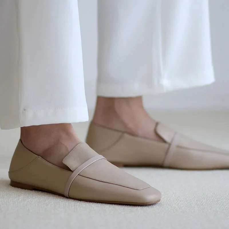 Full leather square toe deep mouth single shoe cowhide British retro simple flat shoes loafers soft heels two pairs of shoes