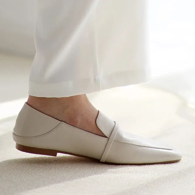 Full leather square toe deep mouth single shoe cowhide British retro simple flat shoes loafers soft heels two pairs of shoes