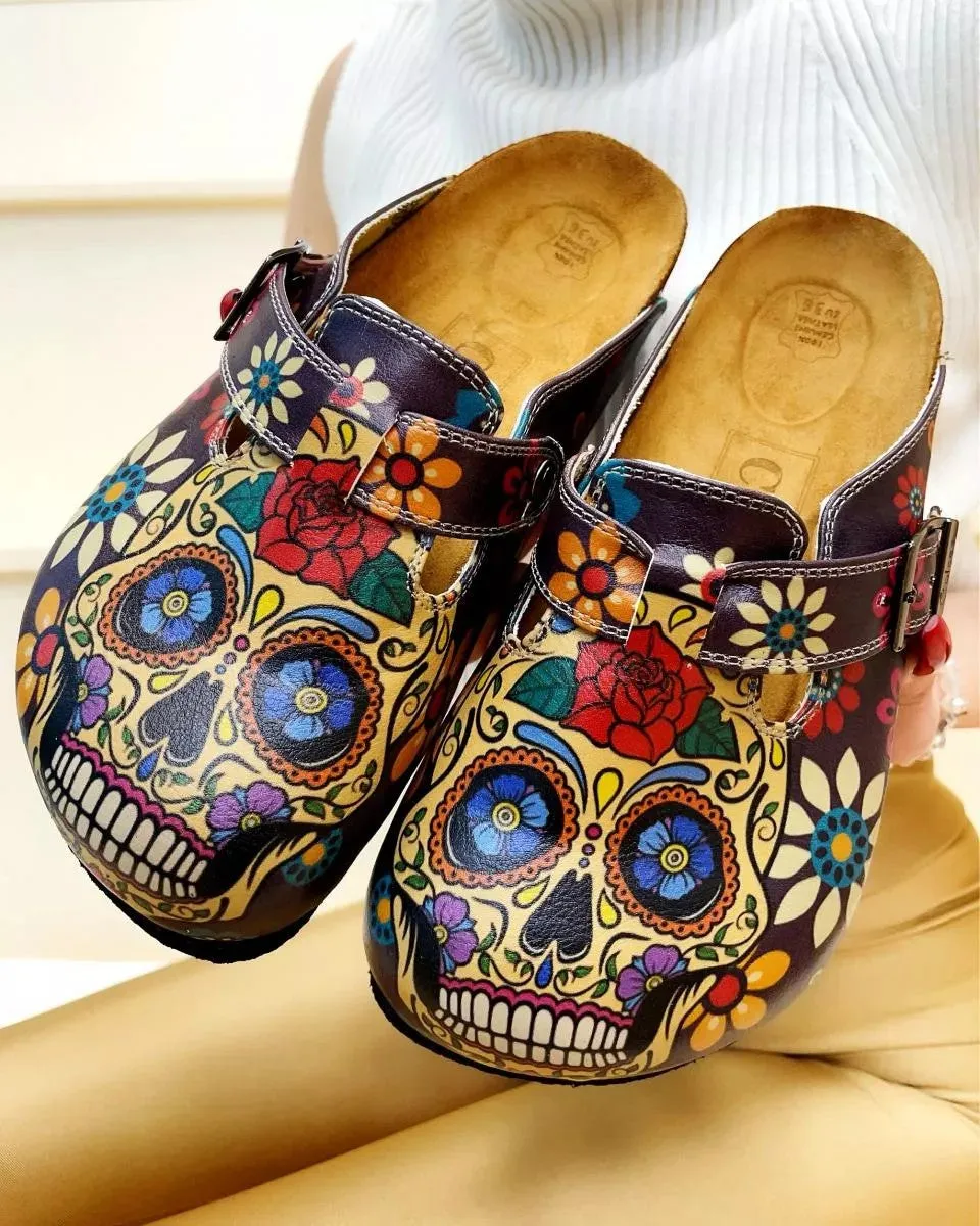 Gold & Crimson Sugar Skull Clogs - GYB301