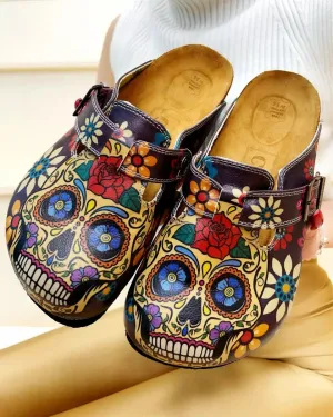 Gold & Crimson Sugar Skull Clogs - GYB301
