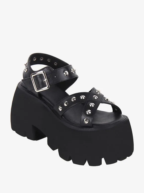 Gothic Lolita Sandals Metal Details Peep Toe Metallic PU Leather Black Lolita Summer Shoes