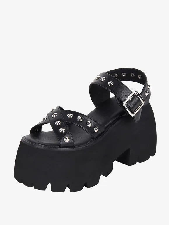Gothic Lolita Sandals Metal Details Peep Toe Metallic PU Leather Black Lolita Summer Shoes