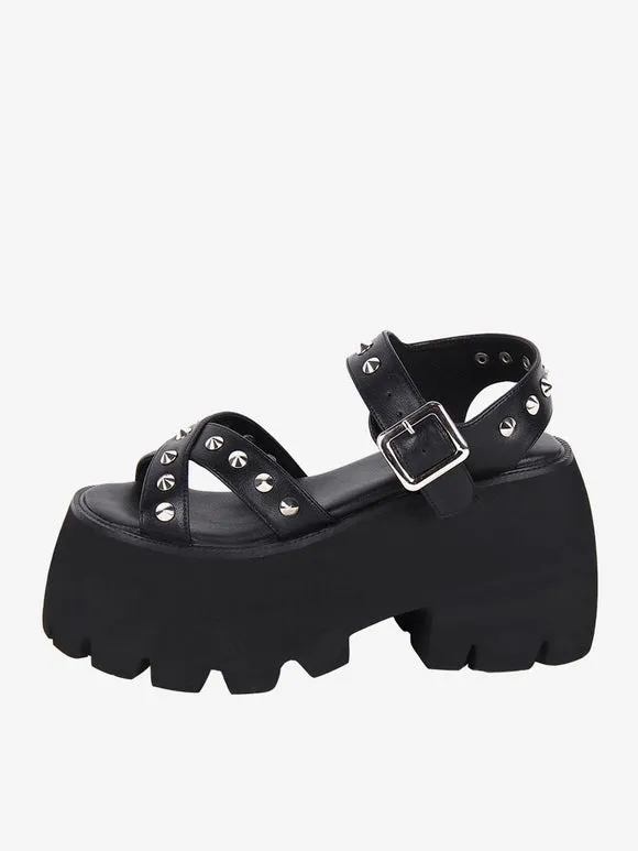 Gothic Lolita Sandals Metal Details Peep Toe Metallic PU Leather Black Lolita Summer Shoes