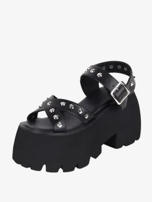 Gothic Lolita Sandals Metal Details Peep Toe Metallic PU Leather Black Lolita Summer Shoes