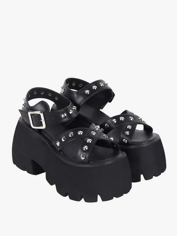Gothic Lolita Sandals Metal Details Peep Toe Metallic PU Leather Black Lolita Summer Shoes