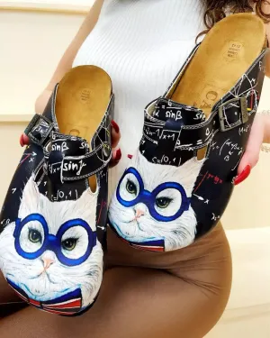 Grey Colored and White Glasses Cat Patterned Clogs - WCAL343