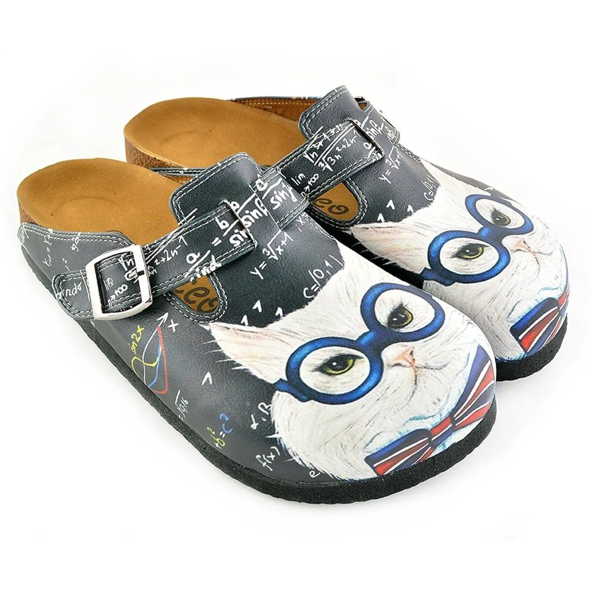 Grey Colored and White Glasses Cat Patterned Clogs - WCAL343