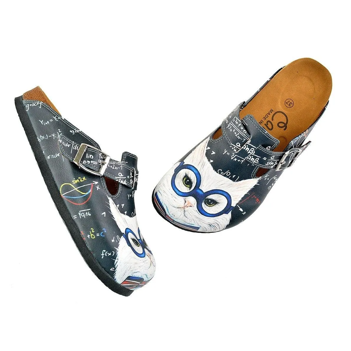 Grey Colored and White Glasses Cat Patterned Clogs - WCAL343
