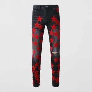 High-Quality Slim Fit Stretch Jeans with Distressed Leather Star Patchwork