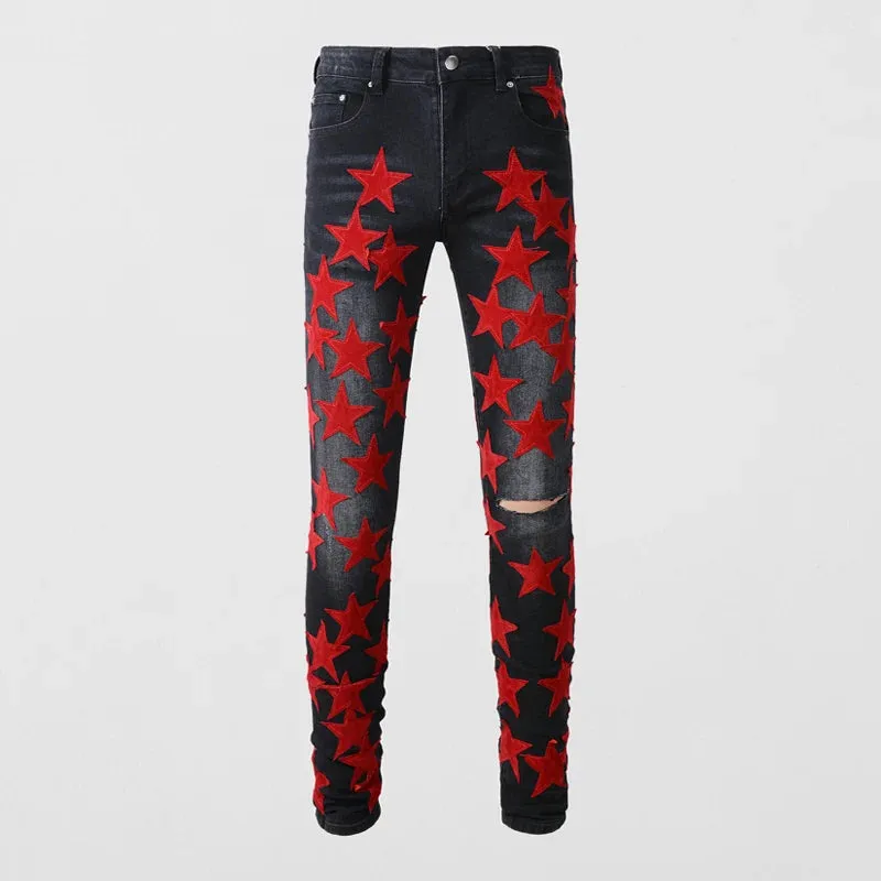 High-Quality Slim Fit Stretch Jeans with Distressed Leather Star Patchwork