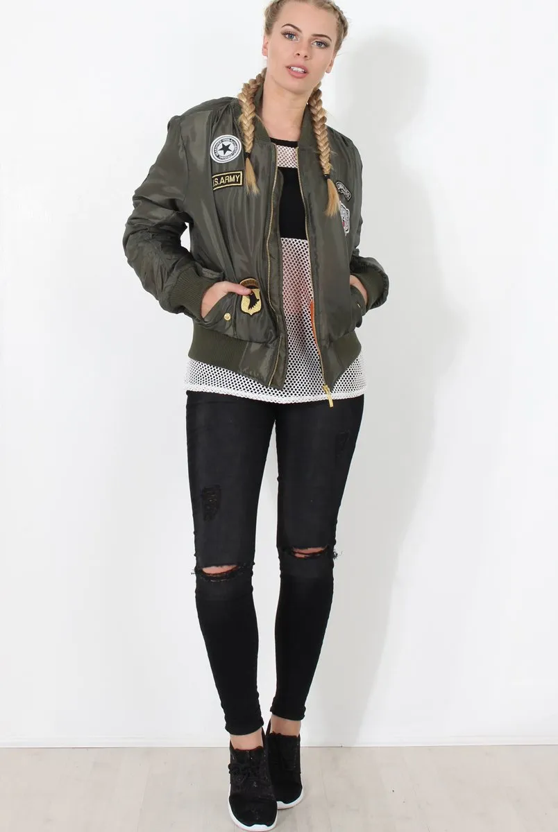 Khaki Badge detail Bomber Jacket - Kendall