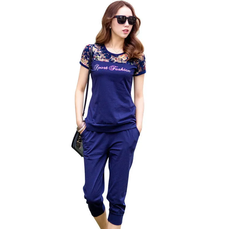 Lace Patchwork Women Fashion Sets 2 Pieces Lady Clothing Set Large Size M-4XL Summer Women Casual Suits Tops   Pants