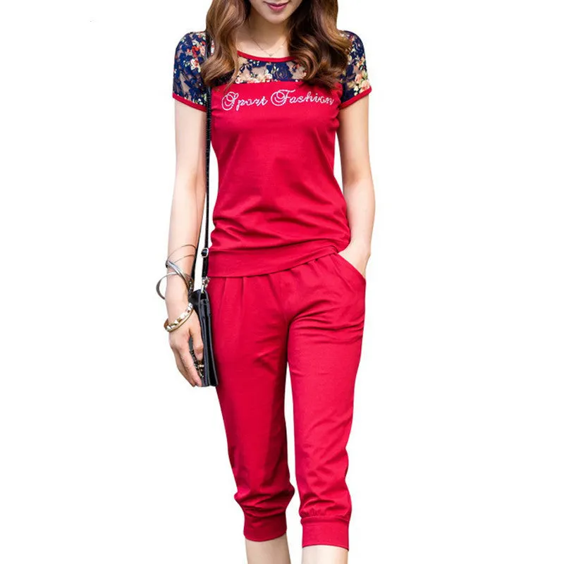 Lace Patchwork Women Fashion Sets 2 Pieces Lady Clothing Set Large Size M-4XL Summer Women Casual Suits Tops   Pants