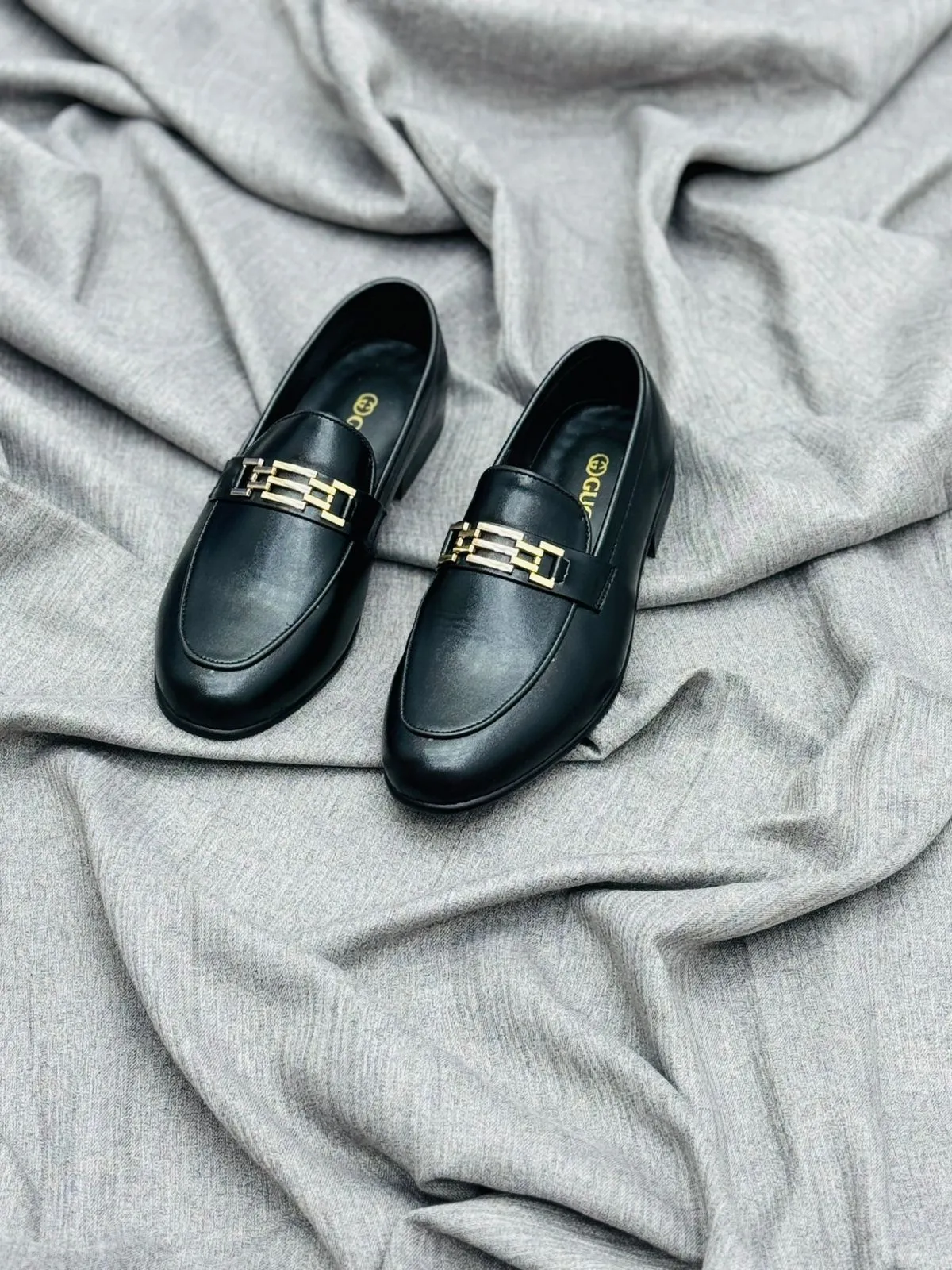 Luxury Black Leather Loafers with Gold Buckle – Premium Elegance