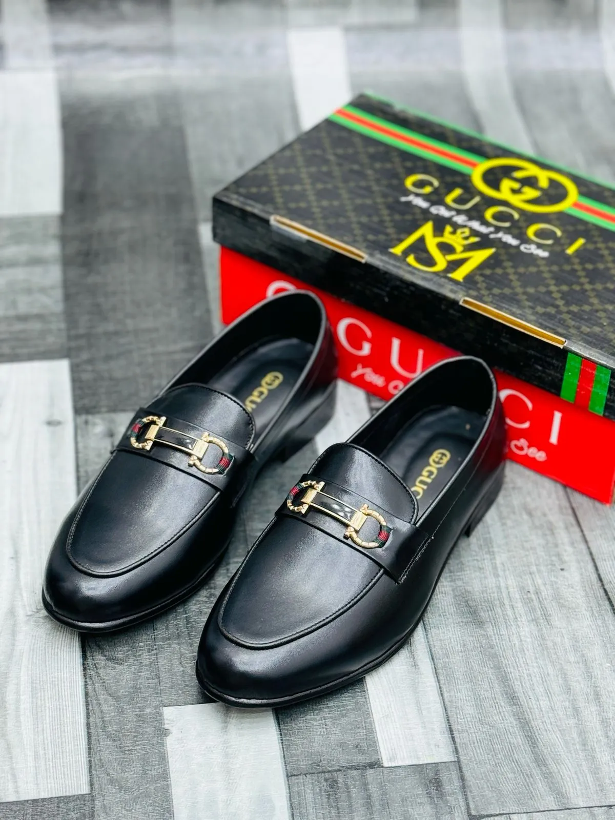 Luxury Black Leather Loafers with Gold Buckle – Premium Elegance
