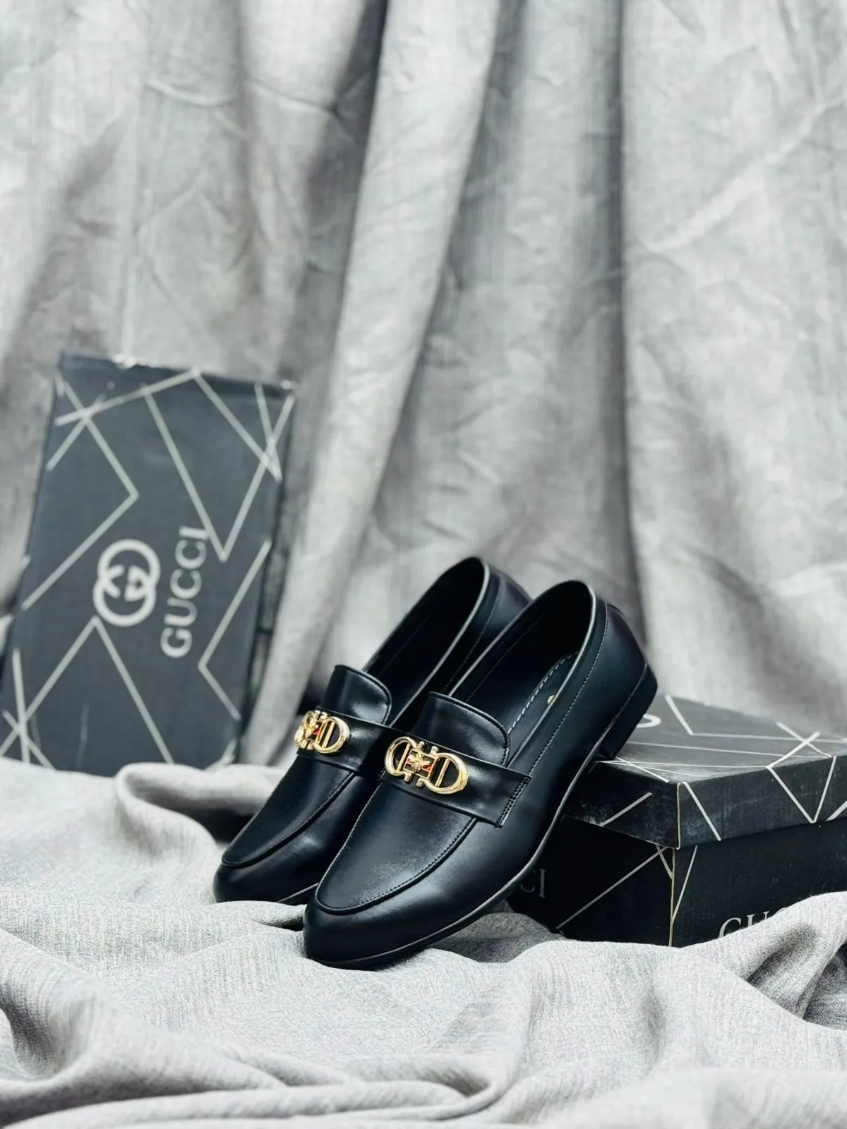 Luxury Black Leather Loafers with Gold Buckle – Premium Elegance