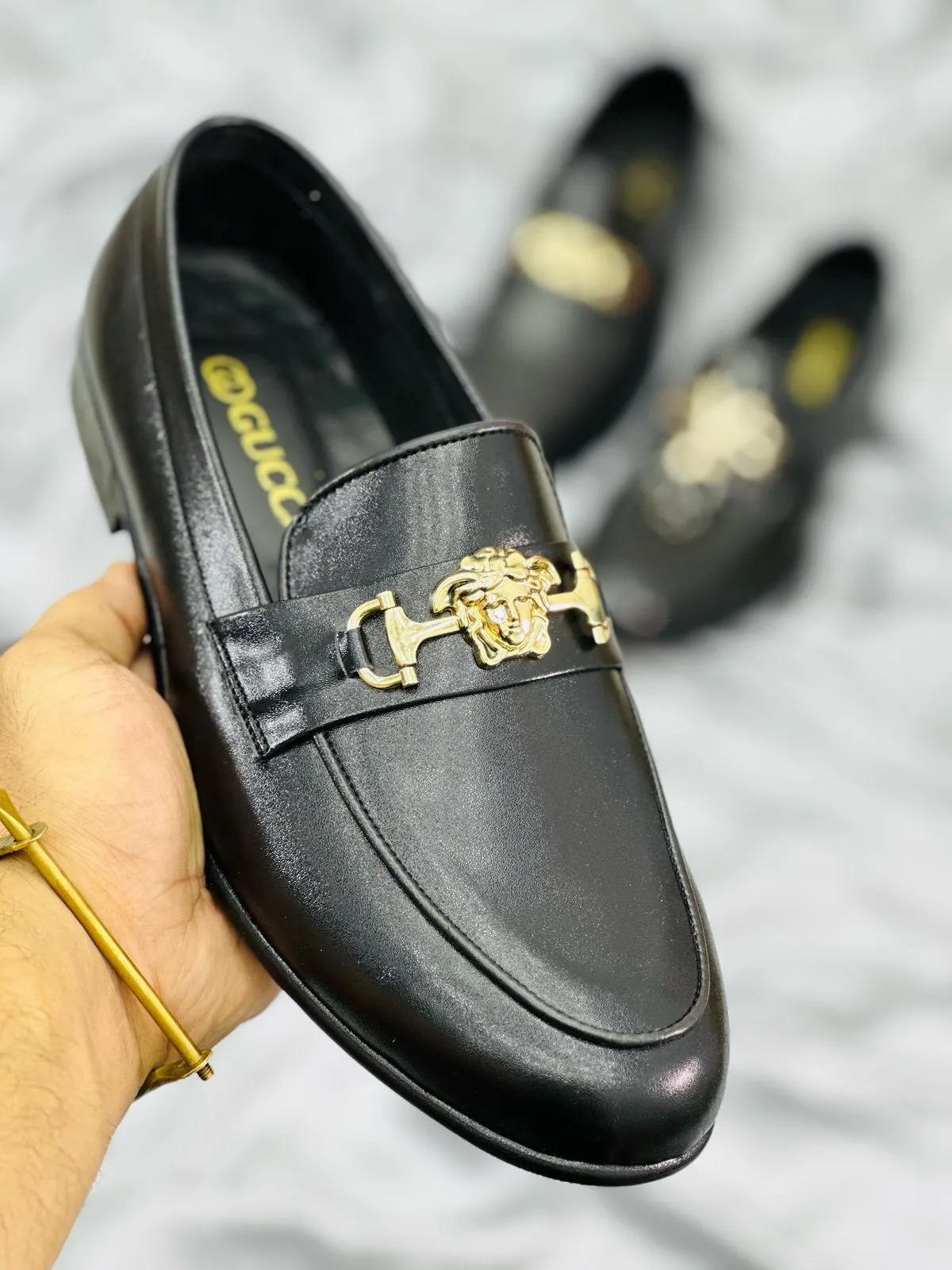 Luxury Black Leather Loafers with Gold Buckle – Premium Elegance