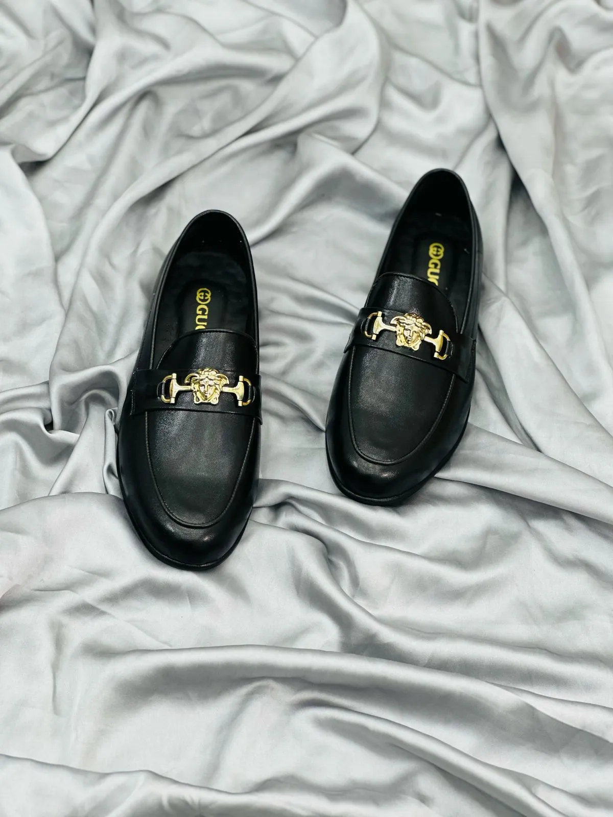 Luxury Black Leather Loafers with Gold Buckle – Premium Elegance