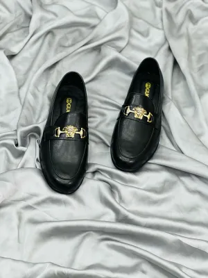 Luxury Black Leather Loafers with Gold Buckle – Premium Elegance