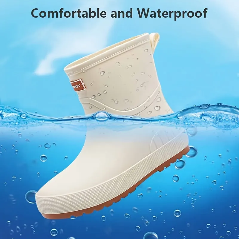 Men'S Classic Solid Color Rain Boots - Waterproof, Non-Slip, Durable Mid-Calf Design With Pvc Sole & Fabric Lining For Outdoor Comfort