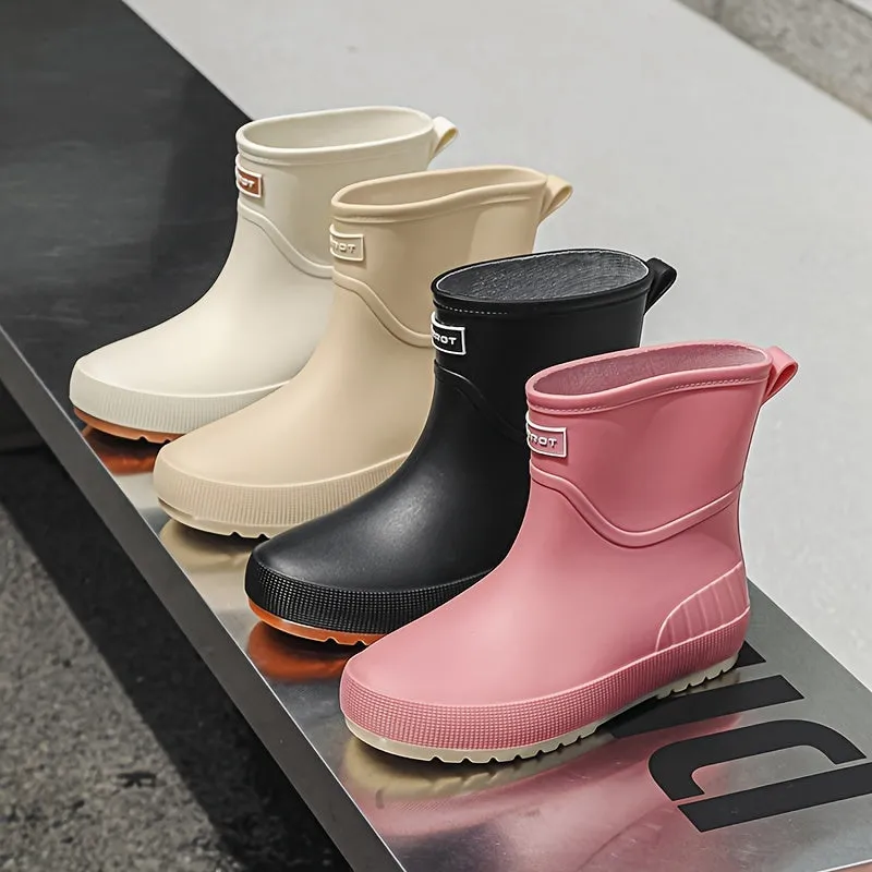 Men'S Classic Solid Color Rain Boots - Waterproof, Non-Slip, Durable Mid-Calf Design With Pvc Sole & Fabric Lining For Outdoor Comfort