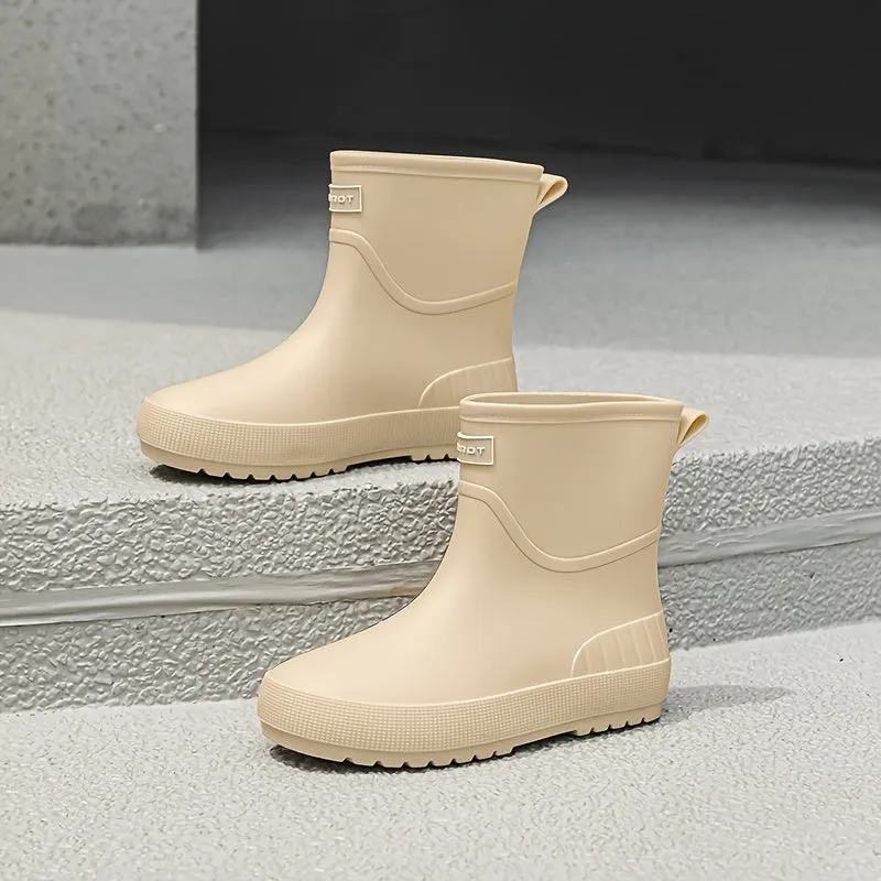 Men'S Classic Solid Color Rain Boots - Waterproof, Non-Slip, Durable Mid-Calf Design With Pvc Sole & Fabric Lining For Outdoor Comfort