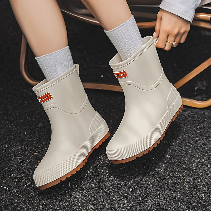 Men'S Classic Solid Color Rain Boots - Waterproof, Non-Slip, Durable Mid-Calf Design With Pvc Sole & Fabric Lining For Outdoor Comfort