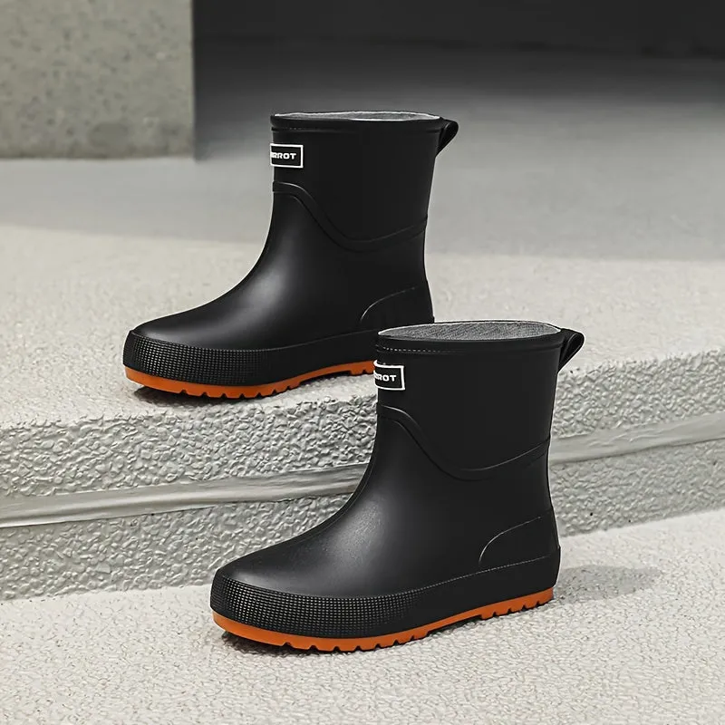 Men'S Classic Solid Color Rain Boots - Waterproof, Non-Slip, Durable Mid-Calf Design With Pvc Sole & Fabric Lining For Outdoor Comfort