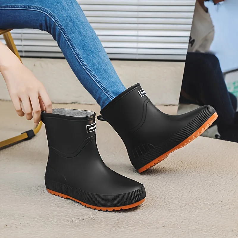 Men'S Classic Solid Color Rain Boots - Waterproof, Non-Slip, Durable Mid-Calf Design With Pvc Sole & Fabric Lining For Outdoor Comfort