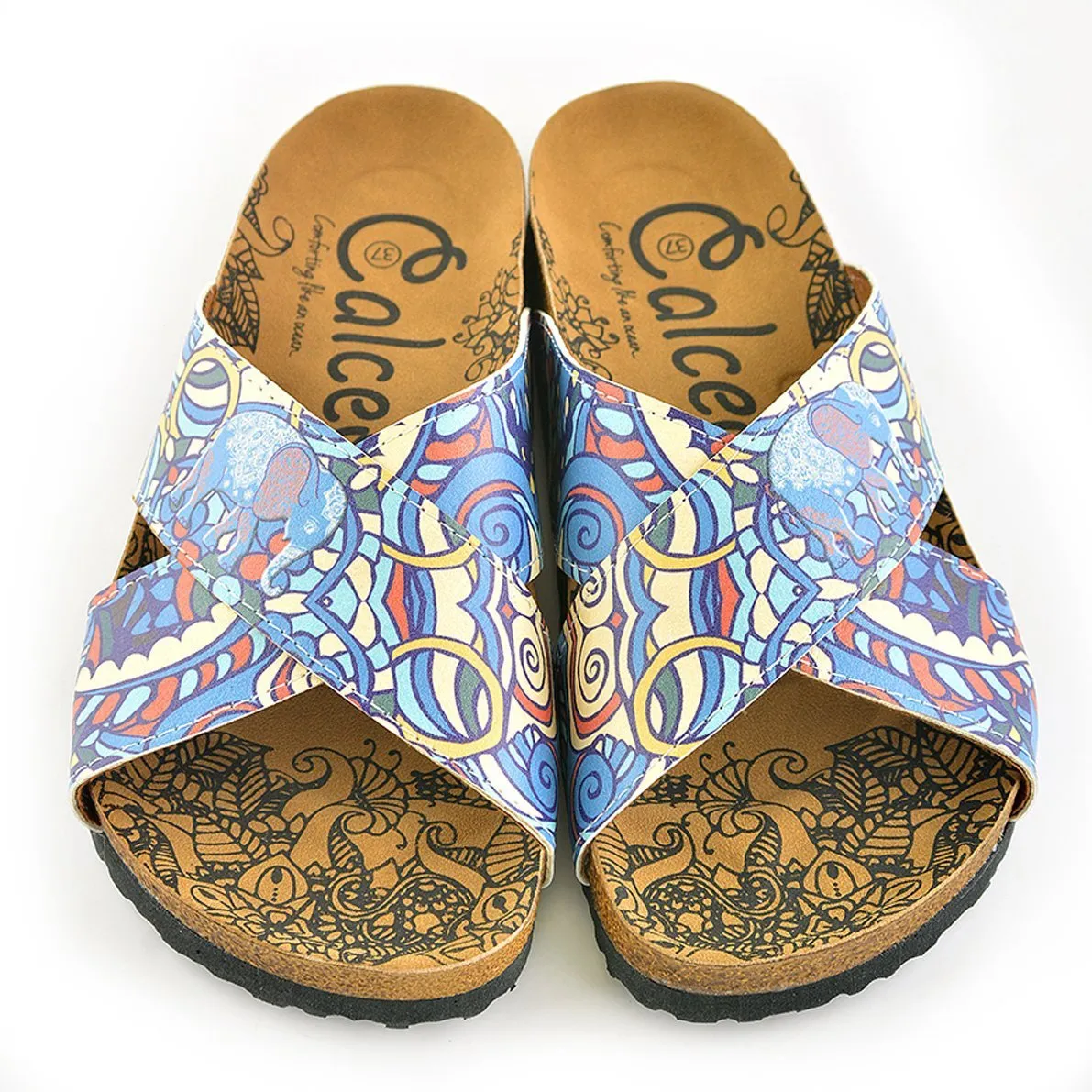 Moving Colored Lines and Sea Waves and Blue, Light Blue, Red Colored Elephant Patterned Sandal - CAL1108