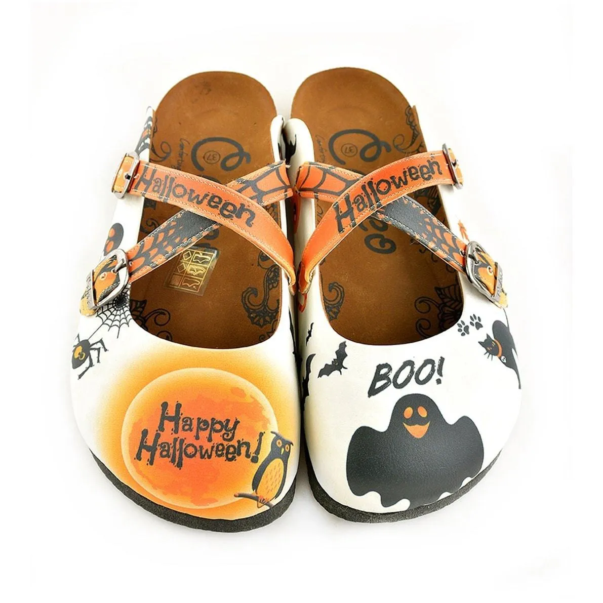 Orange and Black Colored and Cute Spider Patterned, Happy Halloween, Patterned Clogs - WCAL150