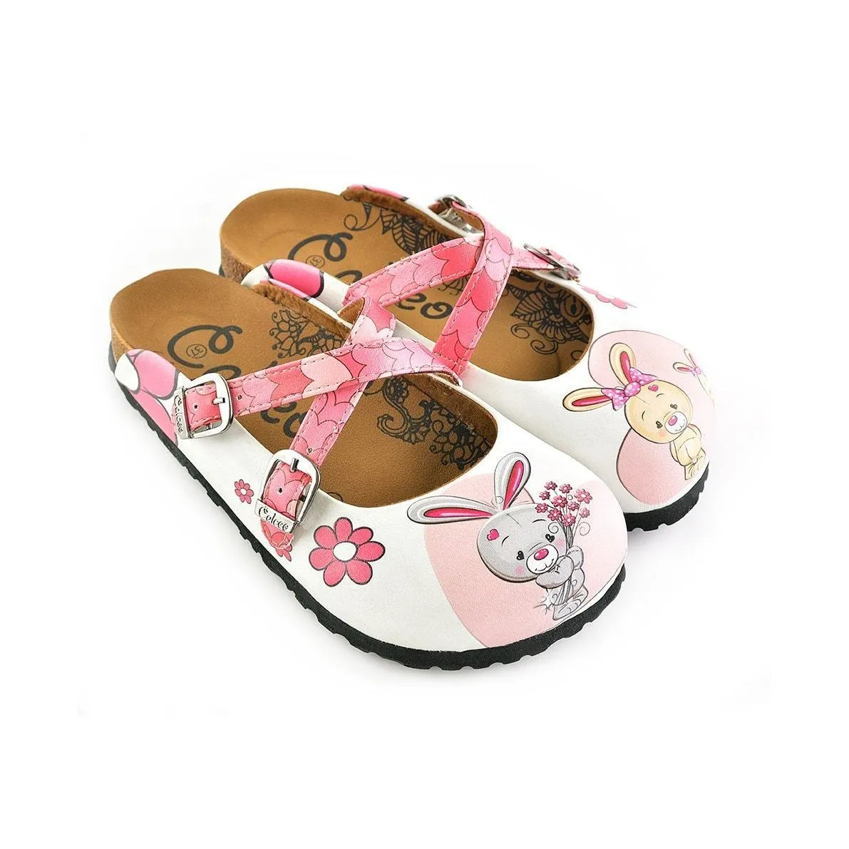 Pink Colored Love Patterned, Grey and Orange Cute Rabbit Patterned Clogs - WCAL137