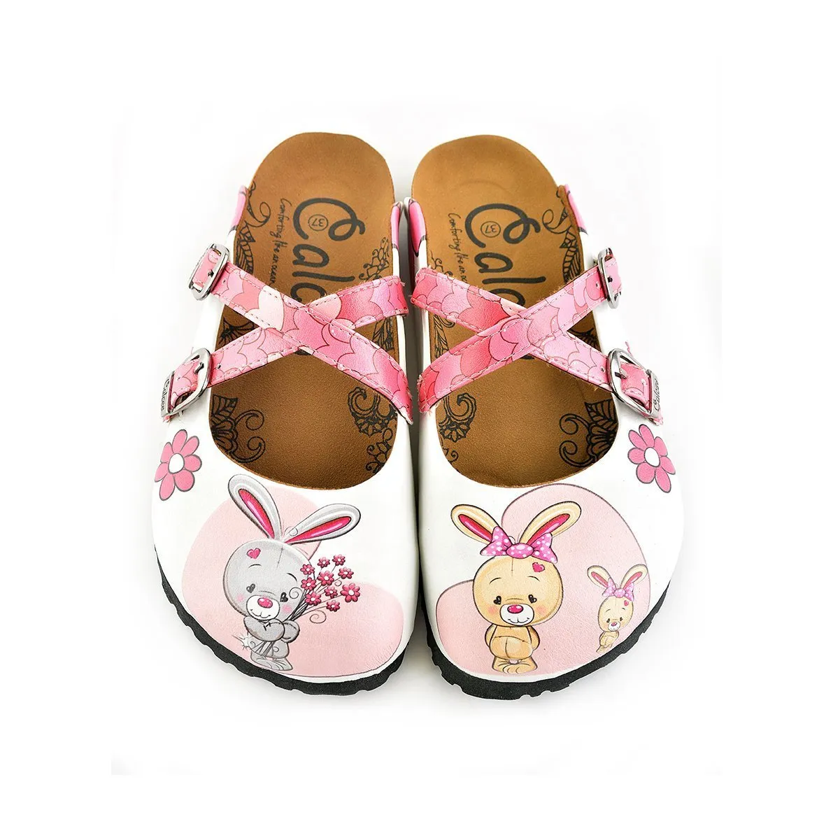 Pink Colored Love Patterned, Grey and Orange Cute Rabbit Patterned Clogs - WCAL137