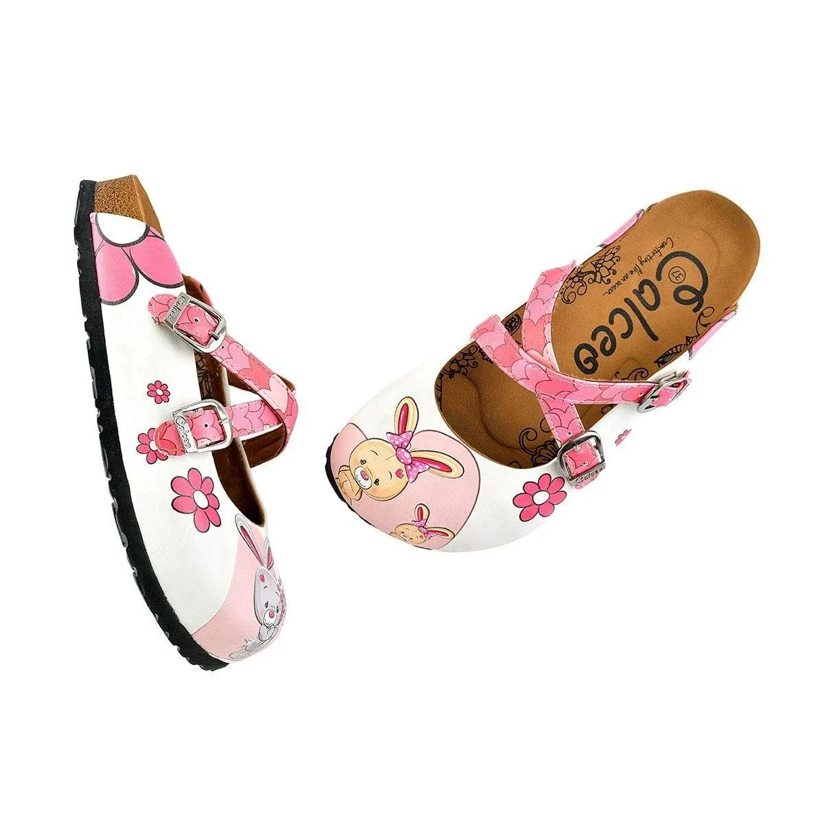 Pink Colored Love Patterned, Grey and Orange Cute Rabbit Patterned Clogs - WCAL137