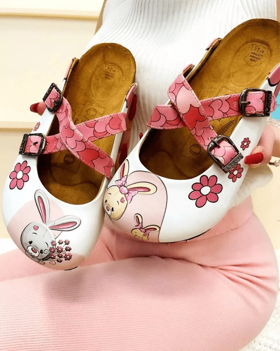 Pink Colored Love Patterned, Grey and Orange Cute Rabbit Patterned Clogs - WCAL137