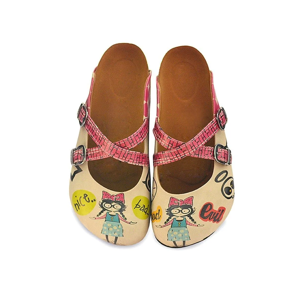 Pink Polkadot and Wall Decoy, Nice, Bad, Evil Written Girls Patterned Clogs - CAL117