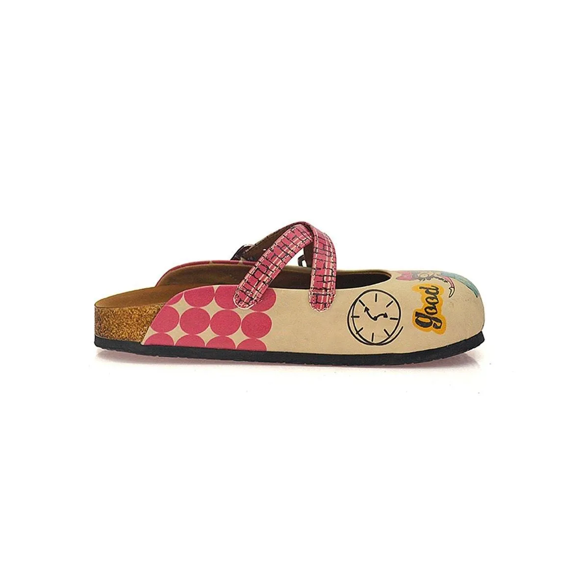 Pink Polkadot and Wall Decoy, Nice, Bad, Evil Written Girls Patterned Clogs - CAL117