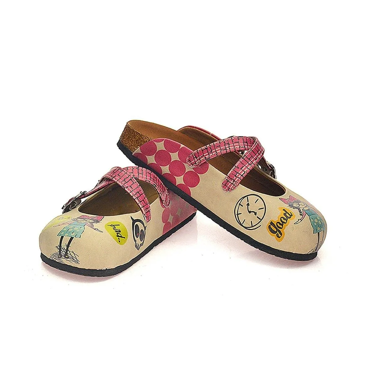 Pink Polkadot and Wall Decoy, Nice, Bad, Evil Written Girls Patterned Clogs - CAL117